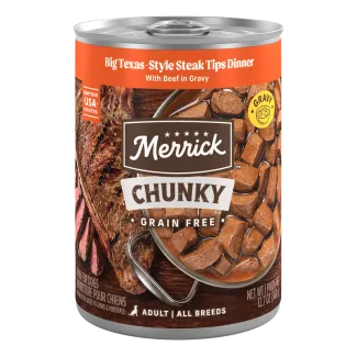 Merrick Big Texas Style Steak Tips Dinner packaging.