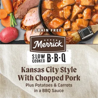 Grain free Merrick Kansas City Style with Chopped Pork Plus Potatoes &amp; Carrots in a BBQ Sauce.
