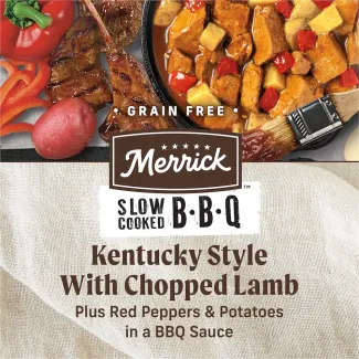 Grain free Merrick Kentucky Style with Chopped Lamb plus red peppers and potatoes in a bbq sauce.