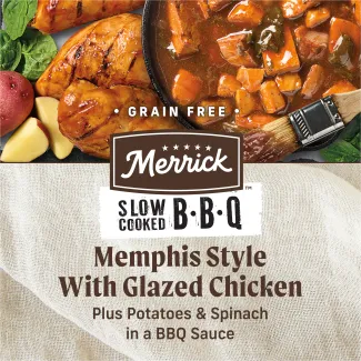 Grain free Merrick Memphis Style with Glazed Chicken plus potatoes and spinach in a bbq sauce.