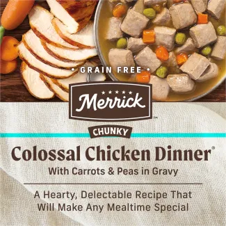 Grain free Merrick Colossal Chicken Dinner with carrots and peas  in gravy.