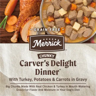 Grain free Merrick Carver's Delight Dinner with turkey, potatoes and carrots in gravy.
