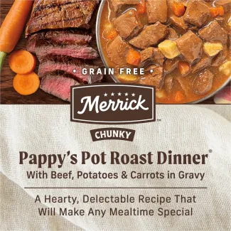 Grain free Merrick Pappy's Pot Roast Dinner with beef, potatoes and carrots in gravy.