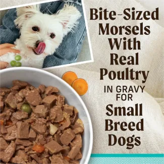 Bite-sized morsels with real meat in gravy for small breed dogs.