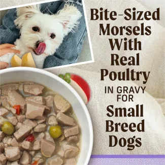 Bite-sized morsels with real meat in gravy for small breed dogs.