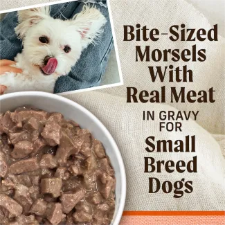 Bite-sized morsels with real meat in gravy for small breed dogs.