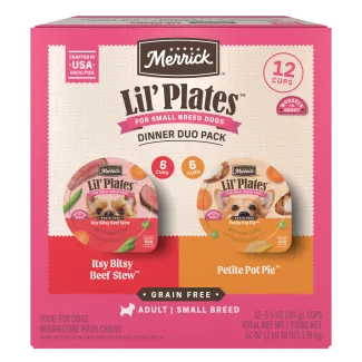 Merrick Lil Plates Itsy Bitsy Beef Stew and Petite ot Pie variety pack package