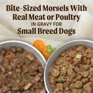 Bite sized morsels with real meat pr poultry in gravy for small breed dogs