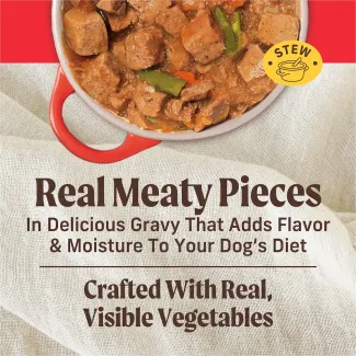 Real meaty pieces in delicious gravy that adds flavor and mouisture to your dog's diet.