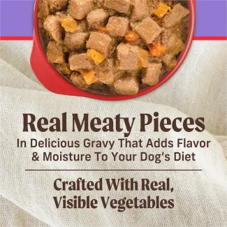 Real meaty pieces in delicious gravy that adds flavor and mouisture to your dog's diet.