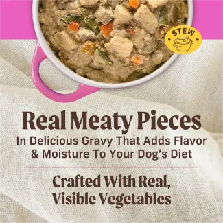 Real meaty pieces in delicious gravy that adds flavor and mouisture to your dog's diet.