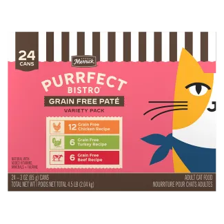 Merrick Purrfect Bistro Grain Free Pate Variety Pack box with 24 adult wet cat food cans.