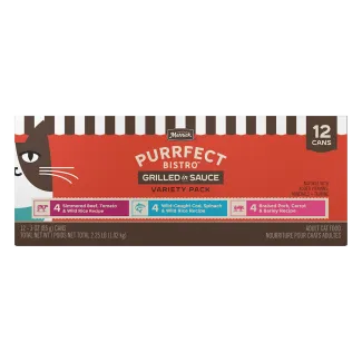Merrick Purrfect Bistro Grilled in Sauce Variety Pack box with 12 adult wet cat food cans.