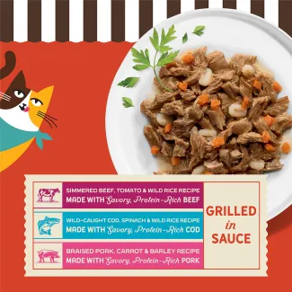 Three grilled cat food recipes in sauce: beef, cod and pork.