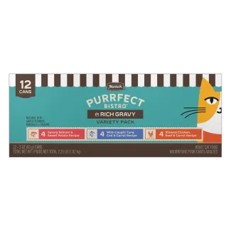 Merrick Purrfect Bistro Rich Gravy Variety Pack box with 12 adult wet cat food cans.