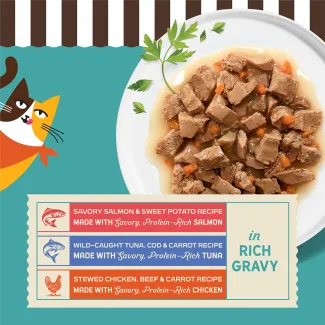 Three wet cat food recipes in rich gravy: salmon, tuna and cod, and chicken and beef.