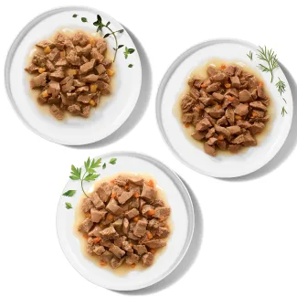 Bowls of three Merrick wet cat food recipes with meaty chunks in gravy.
