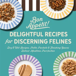 Wet and dry cat food serving ideas with petite parfaits and finishing sauces.