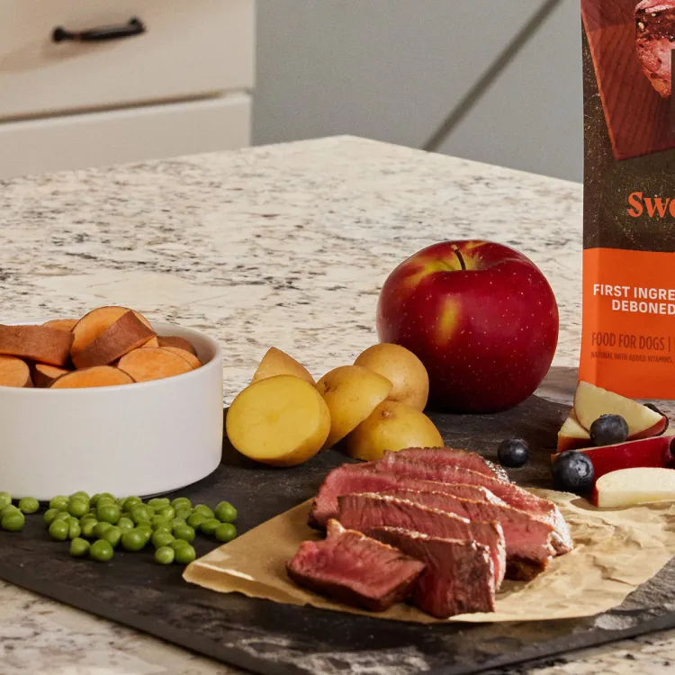 Merrick Real  Beef and Sweet Potato  package with real ingredients found in the receipe displayed on the counte, along with a bowl of kibble. 