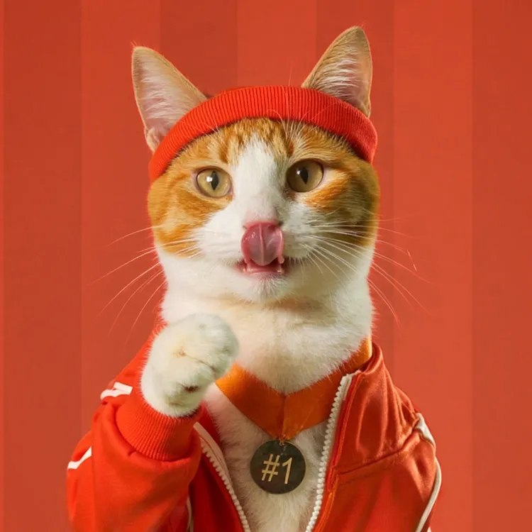 Merrick Purrfect Bistro cat wearing a red tracksuit with a workout headband