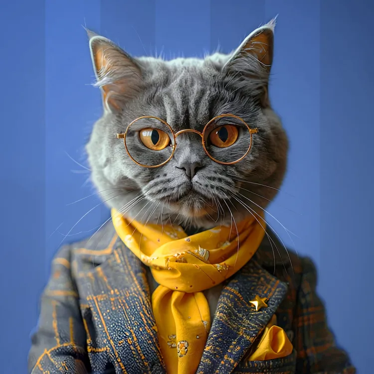 Merrick Purrfect Bistro cat wearing glasses, a scarf and blazer