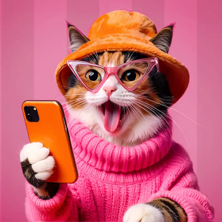 Merrick Purrfect Bistro cat holding a phone with their tounge out while wearing pink glasses, pink sweater and an orange bucket hat